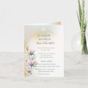 Blush & Lilac Floral ,Gold Cross Baptism Invitatio Invitation