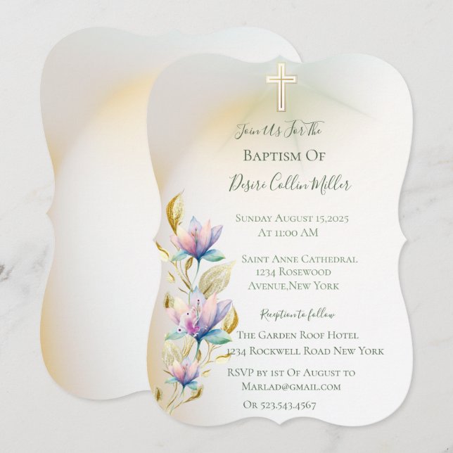 Blush & Lilac Floral ,Gold Cross Baptism Invitatio Invitation (Front/Back)