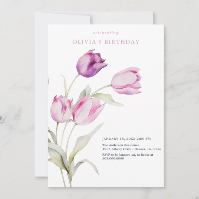Blush Lilac Purple Floral Watercolor Tulips Invitation (Front)