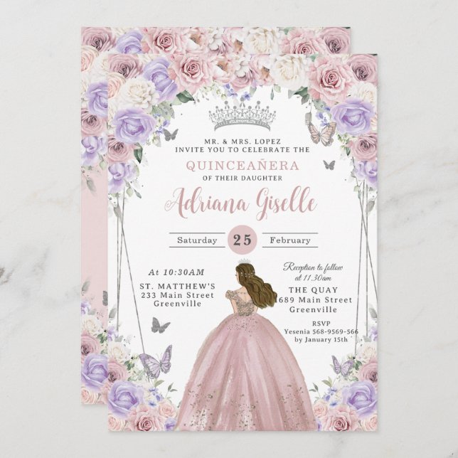 Blush Lilac White Floral Dress Quinceañera XV 16 Invitation (Front/Back)