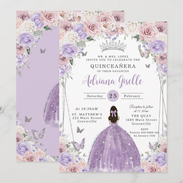 Blush Lilac White Floral Silver Quinceañera XV 16 Invitation (Front/Back)