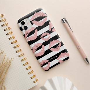 Blush Lip Print Kisses Black & White Stripe Case-Mate iPhone 14 Case