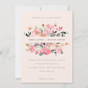 Blush Lively Pink Watercolor Floral Wedding Invite