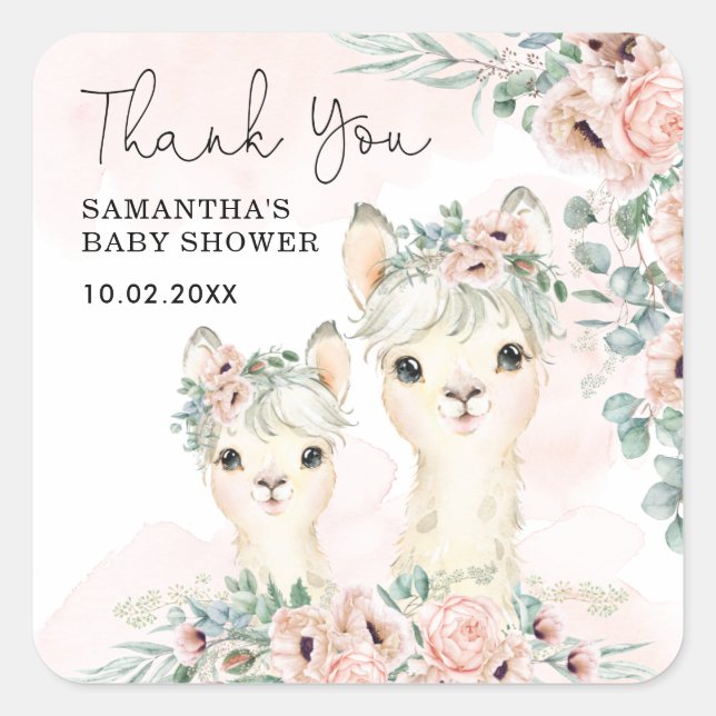 Blush Llama Floral Eucalyptus Baby Girl Thank You Square Sticker (Front)