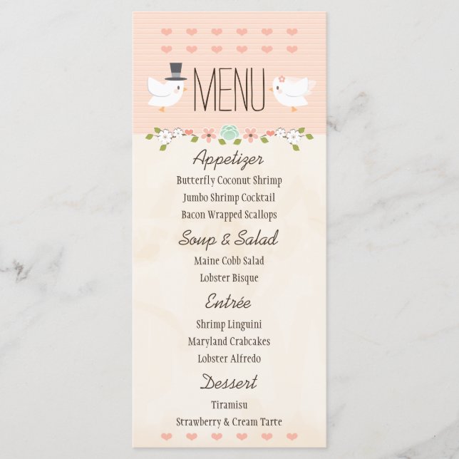 Blush Love Birds Dove Wedding Menu (Front)