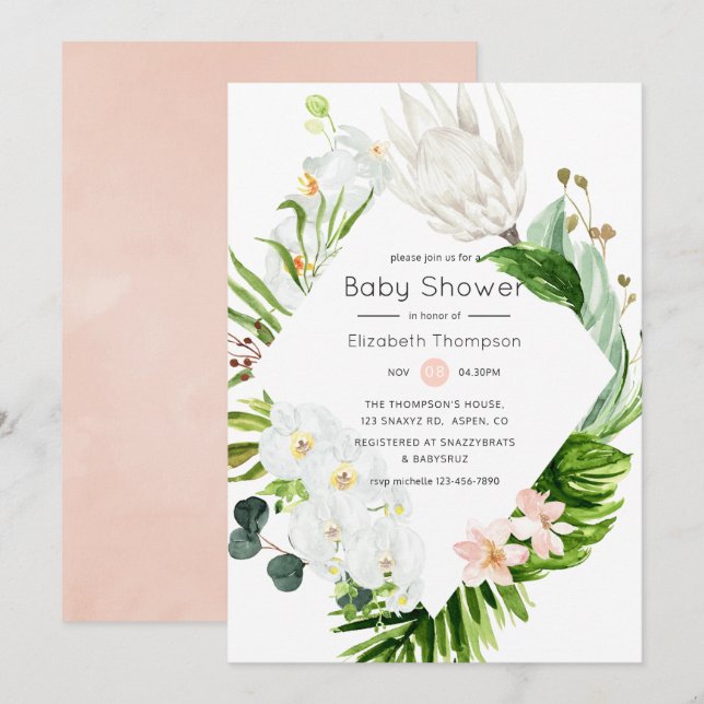 Blush Lush Paradise Tropical Floral Baby Shower Invitation (Front/Back)