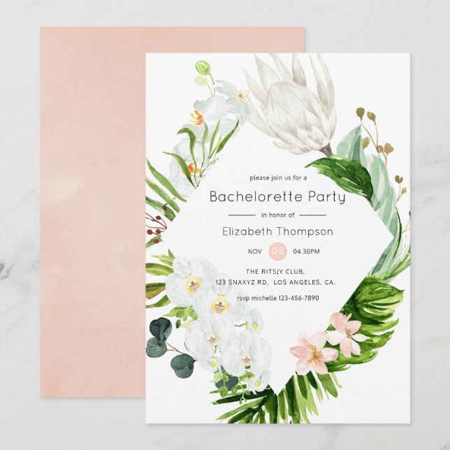 Blush Lush Paradise Tropical Floral Bachelorette Invitation (Front/Back)