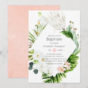 Blush Lush Paradise Tropical Floral Baptism Invitation