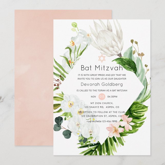 Blush Lush Paradise Tropical Floral Bat Mitzvah Invitation (Front/Back)