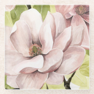 Blush Magnolia Flowers Glass Coaster