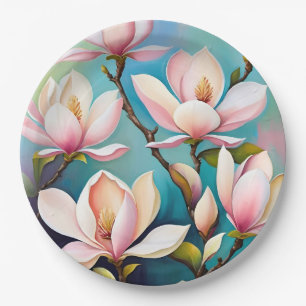 Blush magnolia flowers paper plate