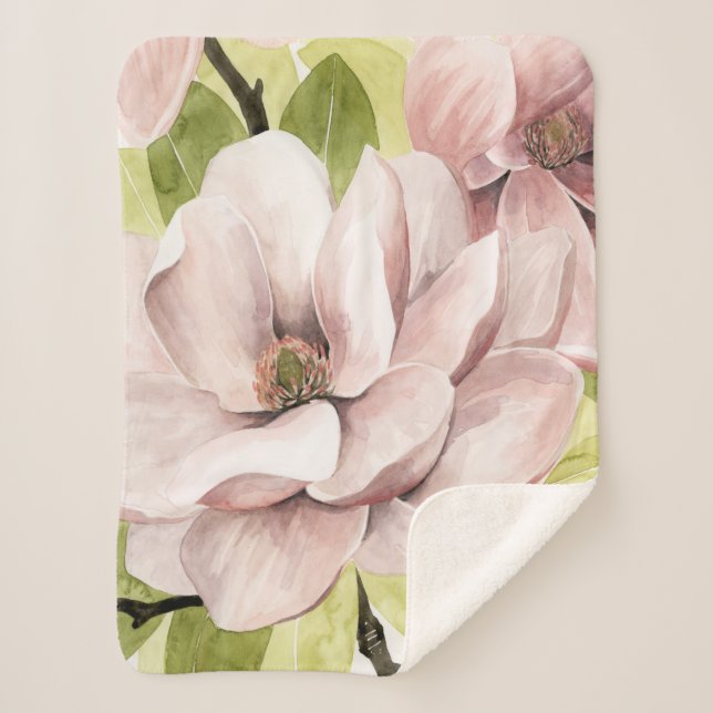 Blush Magnolia Flowers Sherpa Blanket (Front)