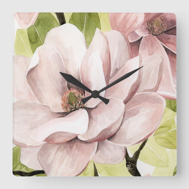 Blush Magnolia Flowers Square Wall Clock (Front)