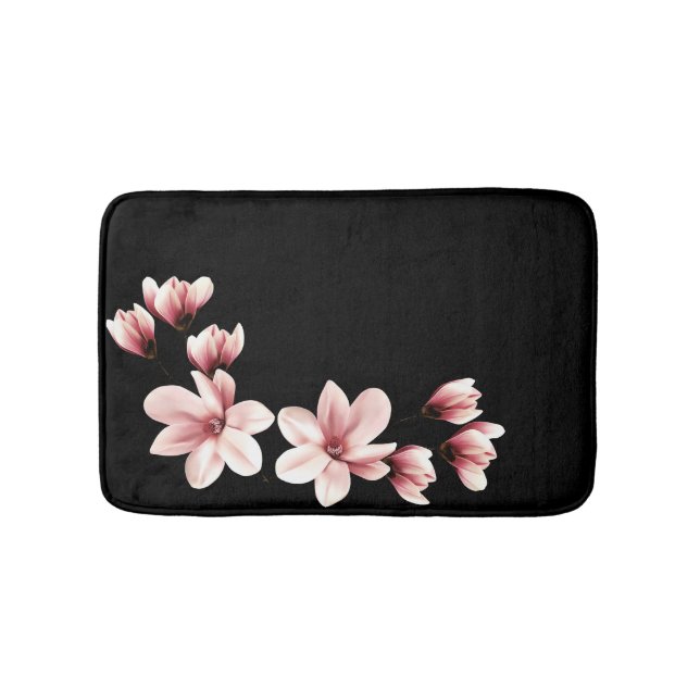 Blush Magnolias on Black Bath Mat (Front)