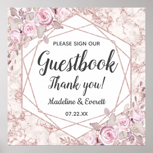 Blush Marble Floral Sign Our Guestbook Table Sign (Front)