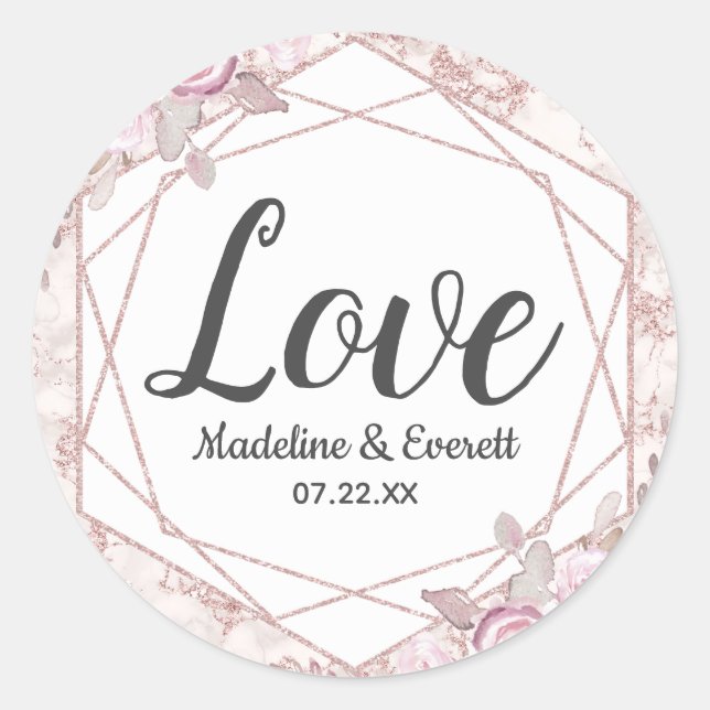 Blush Marble Geometric Floral Monogram Love Classic Round Sticker (Front)