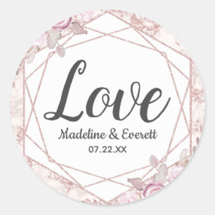 Blush Marble Geometric Floral Monogram Love Classic Round Sticker