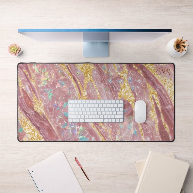     Blush Marble Opal & Gold Glitter Monogram Cute Desk Mat (Office 1)