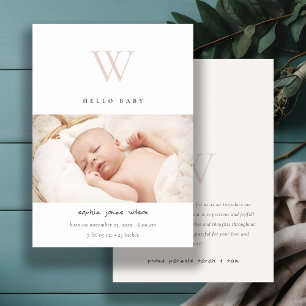 Blush Minimal Monogram Photo Birth Announcement