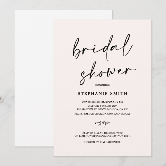 Blush minimalist Bridal Shower Invitation (Front/Back)