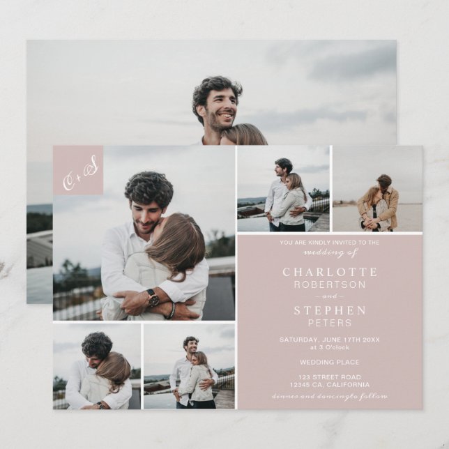 Blush minimalist casual initials 6 photos wedding invitation (Front/Back)