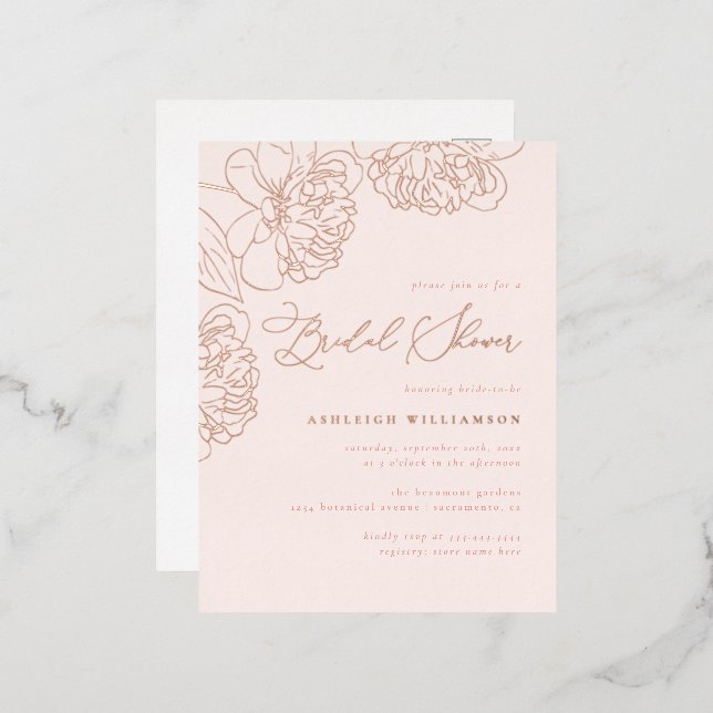 Blush Minimalist Hand-drawn Peonies Bridal Shower Foil Invitation Postcard (Front/Back)