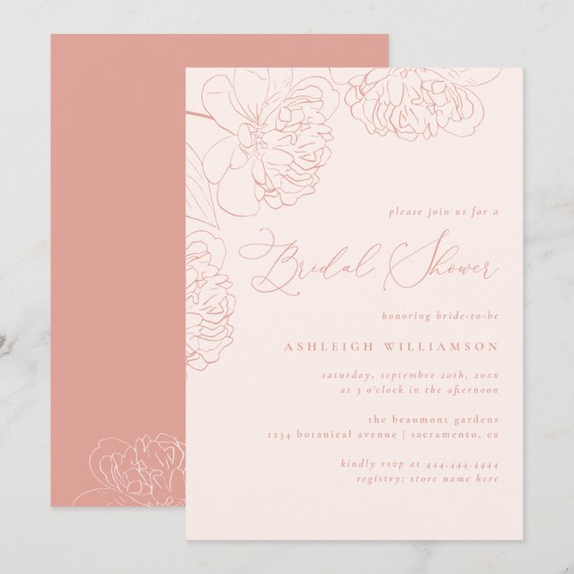 Blush Minimalist Hand-drawn Peonies Bridal Shower Invitation (Front/Back)