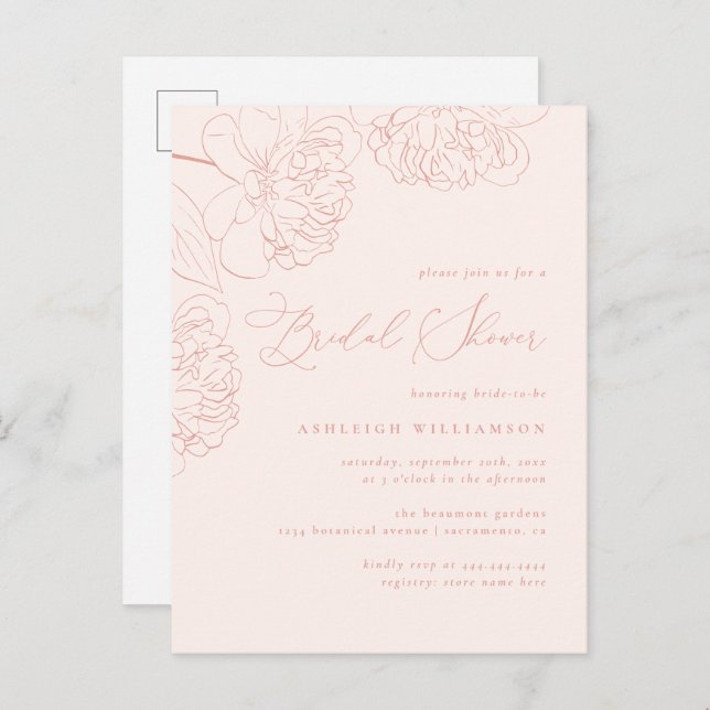 Blush Minimalist Hand-drawn Peonies Bridal Shower Invitation Postcard (Front/Back)
