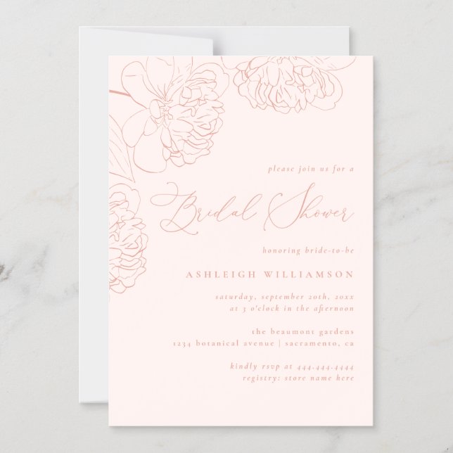 Blush Minimalist Hand-drawn Peonies Bridal Shower Magnetic Invitation (Front)