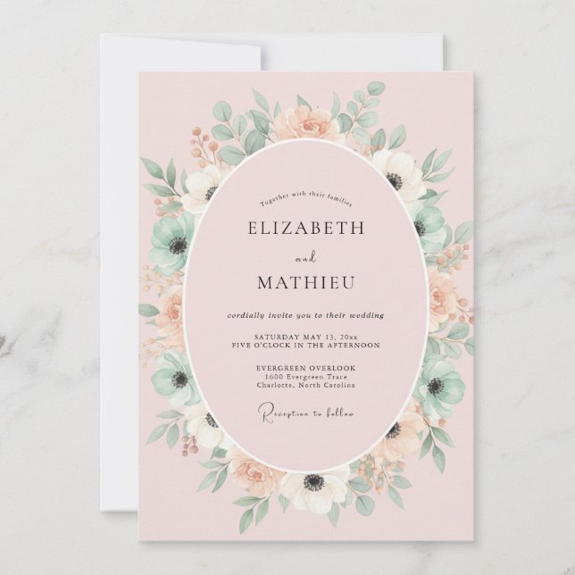 Blush Mint Botanical Watercolor Wedding Invitation (Front)