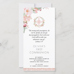 Blush, Mint Floral First Communion Bookmark Favour Thank You Card