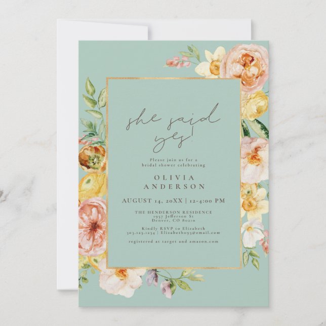 Blush & Mint Floral She Said Yes Bridal Shower Invitation (Front)