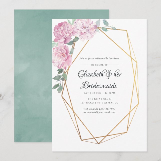 Blush & Mint Geometric Floral Bridesmaids Luncheon Invitation (Front/Back)