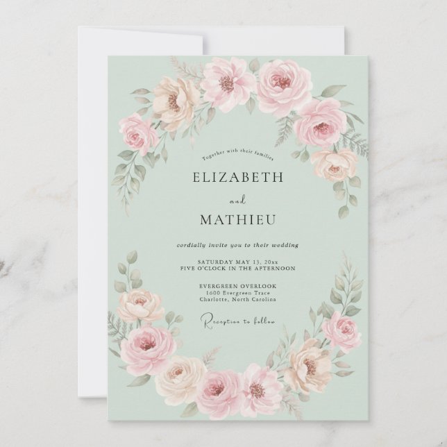 Blush Mint Petal Wedding Invitation (Front)