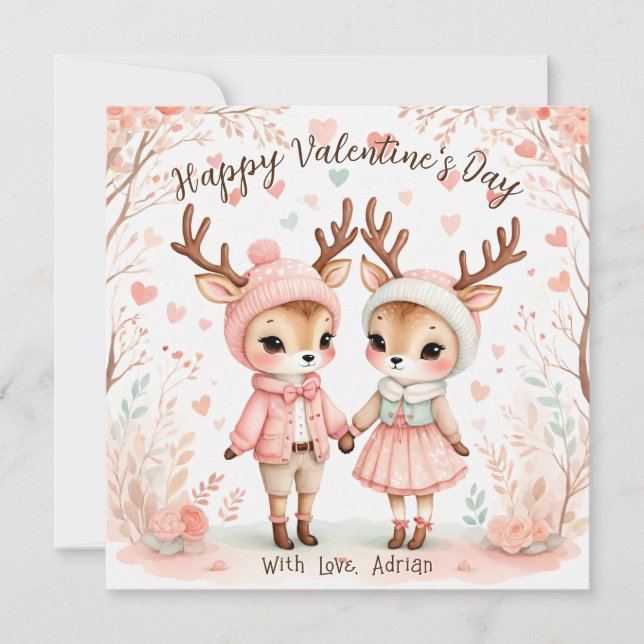 Blush & Mint Reindeer Lovebirds Valentine's Day Holiday Card (Front)