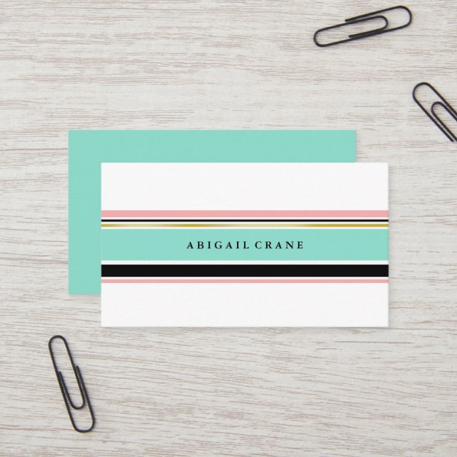 Blush & Mint Stripes Elegant Business Card (Front/Back In Situ)