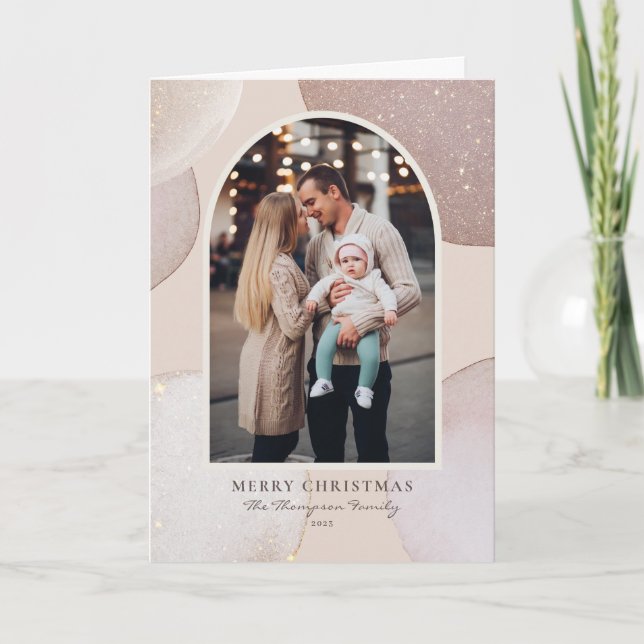 Blush Modern Glitter Shapes Photo Merry Christmas Card (Front)