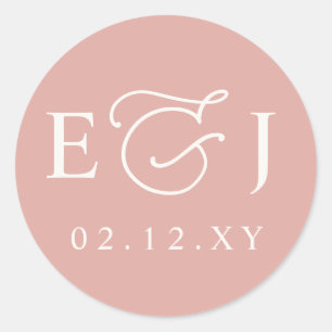 Blush Modern Initials Monogram Wedding Classic Round Sticker