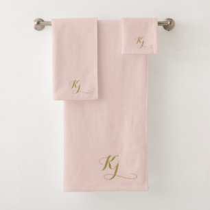 Blush Modern Monogram Gold Script Initials Bath Towel Set