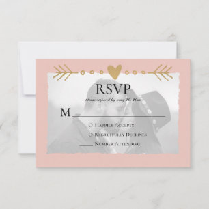 Blush Modern Photo Gold Hearts RSVP Card
