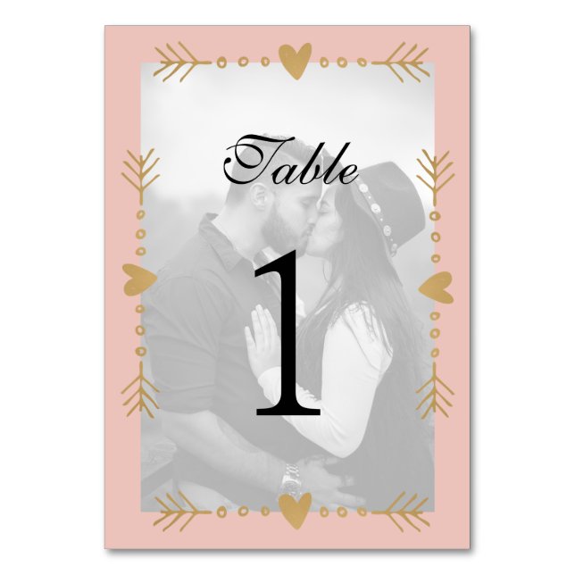 Blush Modern Photo Gold Hearts Table Number (Front)