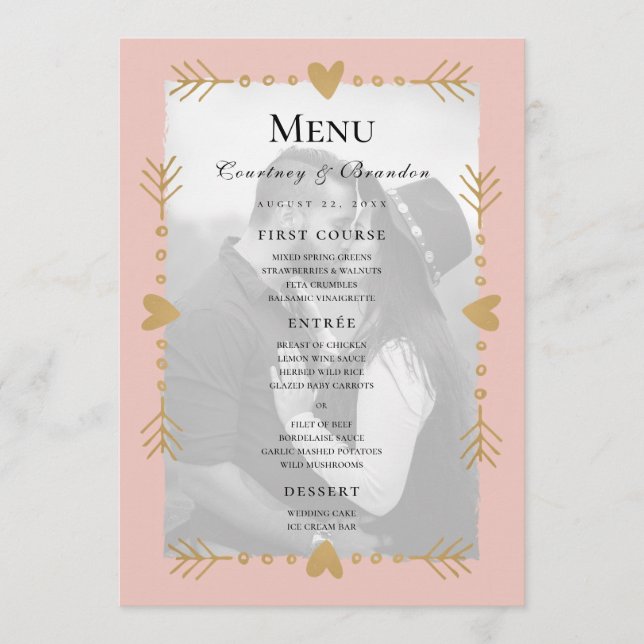 Blush Modern Photo Gold Hearts Wedding Menu (Front)