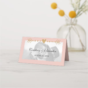 Blush Modern Photo Gold Hearts Wedding Place Card