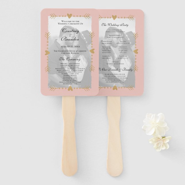 Blush Modern Photo Gold Hearts Wedding Program Hand Fan (Front and Back)