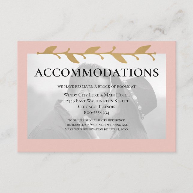 Blush Modern Photo Gold Leaves Accommodations Enclosure Card (Front)