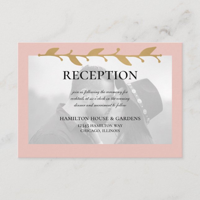 Blush Modern Photo Gold Leaves Reception Enclosure Card (Front)