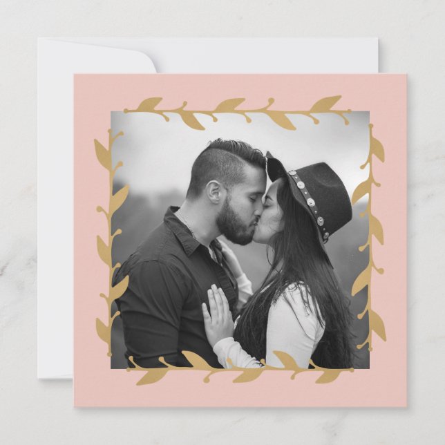 Blush Modern Photo Gold Leaves Wedding Invitation (Front)