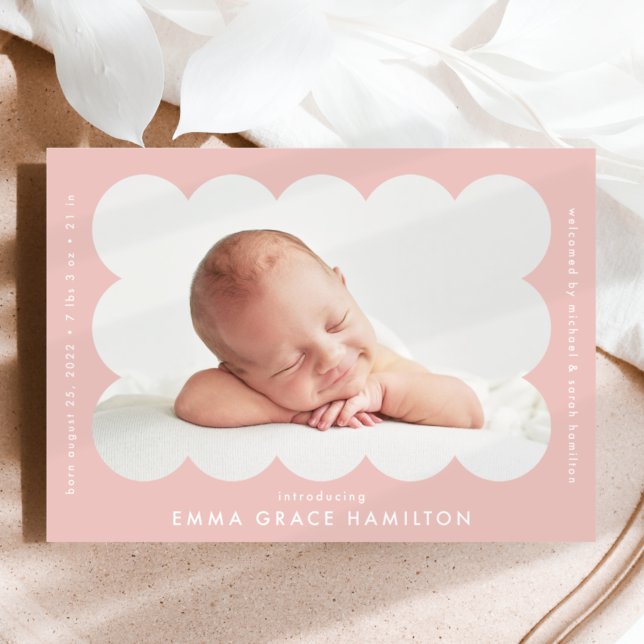 Blush Modern Scalloped Photo Frame Birth Announcement (Creator Uploaded)