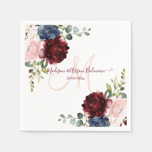Blush Monogram, Burgundy Blue Floral Watercolor Napkin