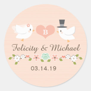 BLUSH MONOGRAM DOVE LOVE BIRDS WEDDING CLASSIC ROUND STICKER